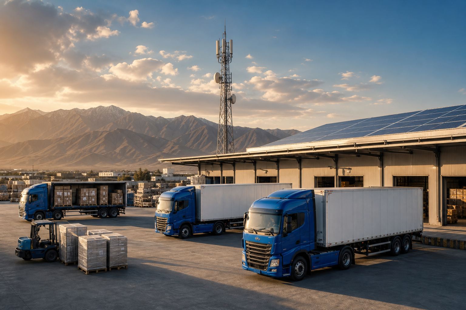 RNK logistics warehouse with freight trucks, solar panels and telecom infrastructure