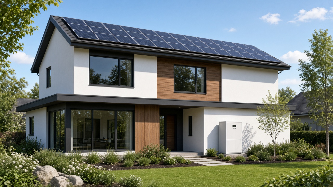 Residential rooftop solar array with a floor-standing storage battery